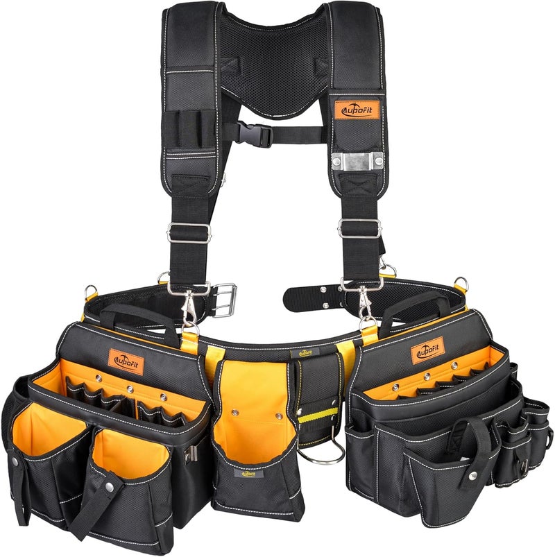 aupofit Comfortable Tough Thick 7-Piece Tool Belt with Suspenders 32 Pockets and Loops,1680D Denier Fabric Heavy Duty Tool Belts with Carry Handles, Fits Waists 36-49In, Black and Yellow - Image 1